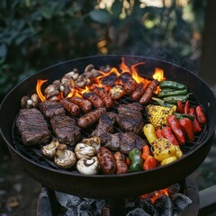 A barbecue grill with sizzling meat and vegetables over an open flame.