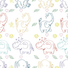 Seamless pattern with cute elephants and flowers. Vector illustration.