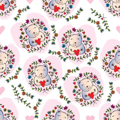 Seamless pattern with cute teddy bears, hearts and flowers