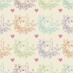 Seamless pattern with cute foxes and hearts. Vector illustration.