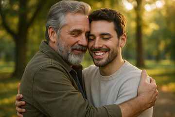 Father’s Day 2025 – Mature Father Hugging Adult Son in Outdoor Celebration Surrounded by Nature

