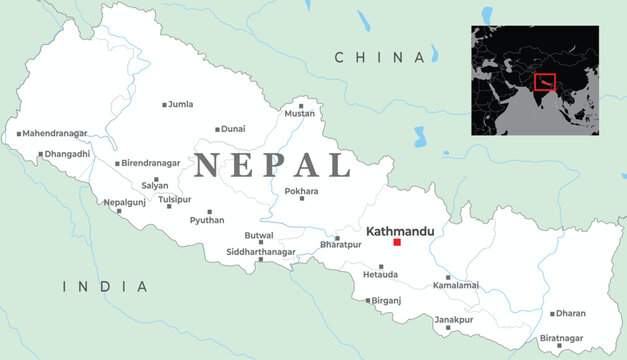 A detailed map of Nepal, highlighting major cities and its borders with India and China