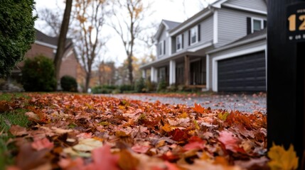 Autumn Leaves Covering A Driveway In Front Of A Residential House Under A Cloudy Sky