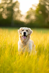Golden Retriever Sitting in Sunny Meadow with Bokeh Background