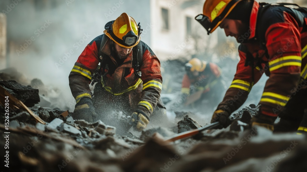 Aufkleber firefighters working tirelessly among the rubble are searching for survivors following a devastating