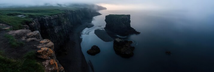 Dramatic Coastal Cliffs And Sea Stacks Under Mist With Calm Waters And Muted Tones