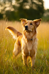 Golden Retriever Sitting in Sunny Meadow with Bokeh Background