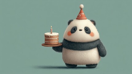 Cute panda holding birthday cake wearing party hat