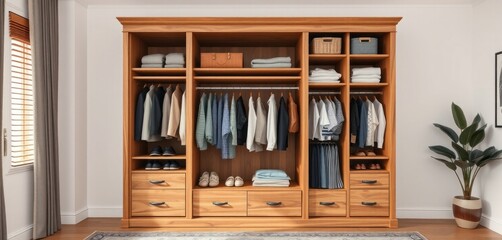 A well-organized wooden wardrobe showcasing clothes, shoes, and storage baskets in a bright room.