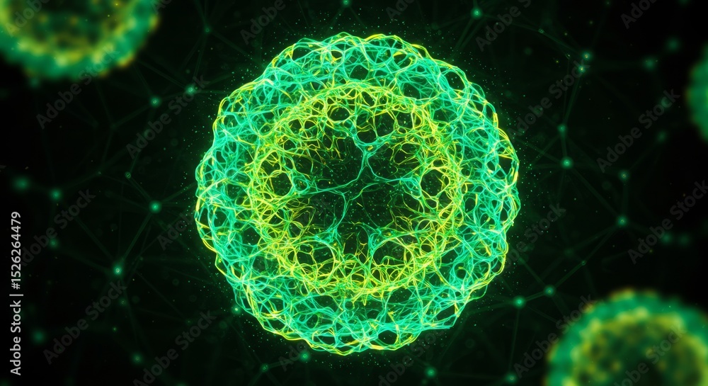 Poster abstract representation of a virus or cell. complex, vibrant structure with glowing lines and points