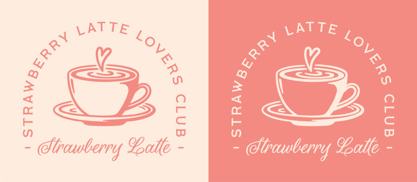 Strawberry latte lovers club fruit flavor comfort warm drink pink fancy kawaii aesthetic quotes girl shirt design. Cute coffee art cup illustration drawing printable badge sticker logo poster print.