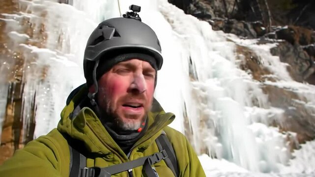 POV of an Ice Climber Ascending a Frozen Waterfall While Wearing a Helmet and Discussing Ice Climbing