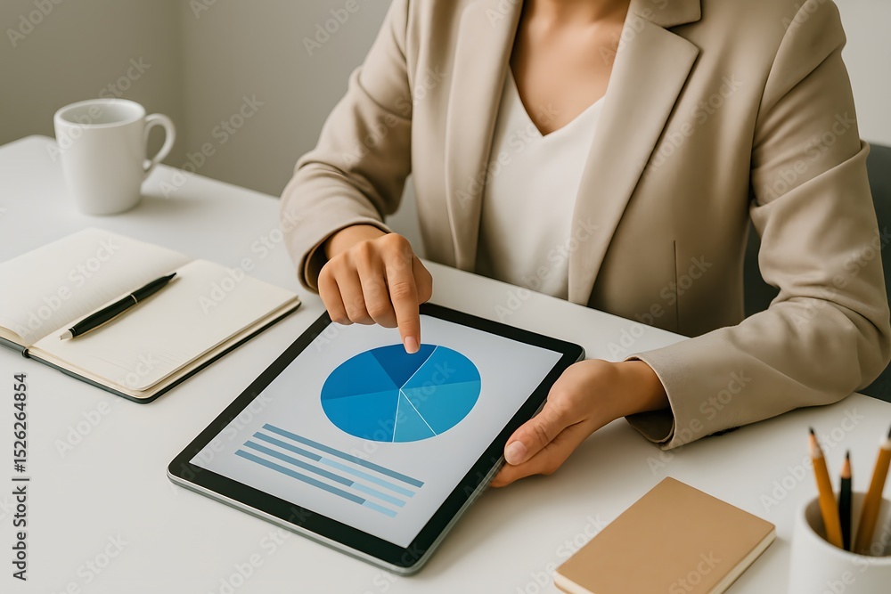 Poster business professional analyzing data with tablet device in office setting