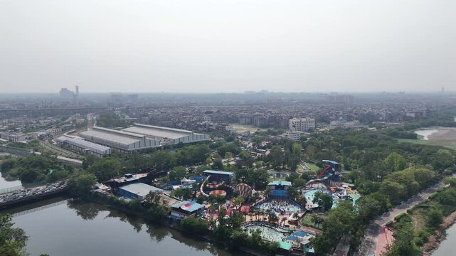 An Aerial Shot of Atlantic Water World at Kalindi Kunj Bridge in Delhi ,NCR, India
