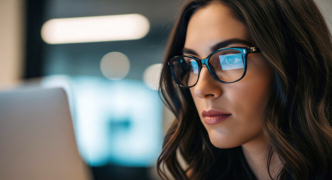 Close-up of a young woman wearing glasses, intently looking at a computer screen with digital reflections, in a modern workspace.