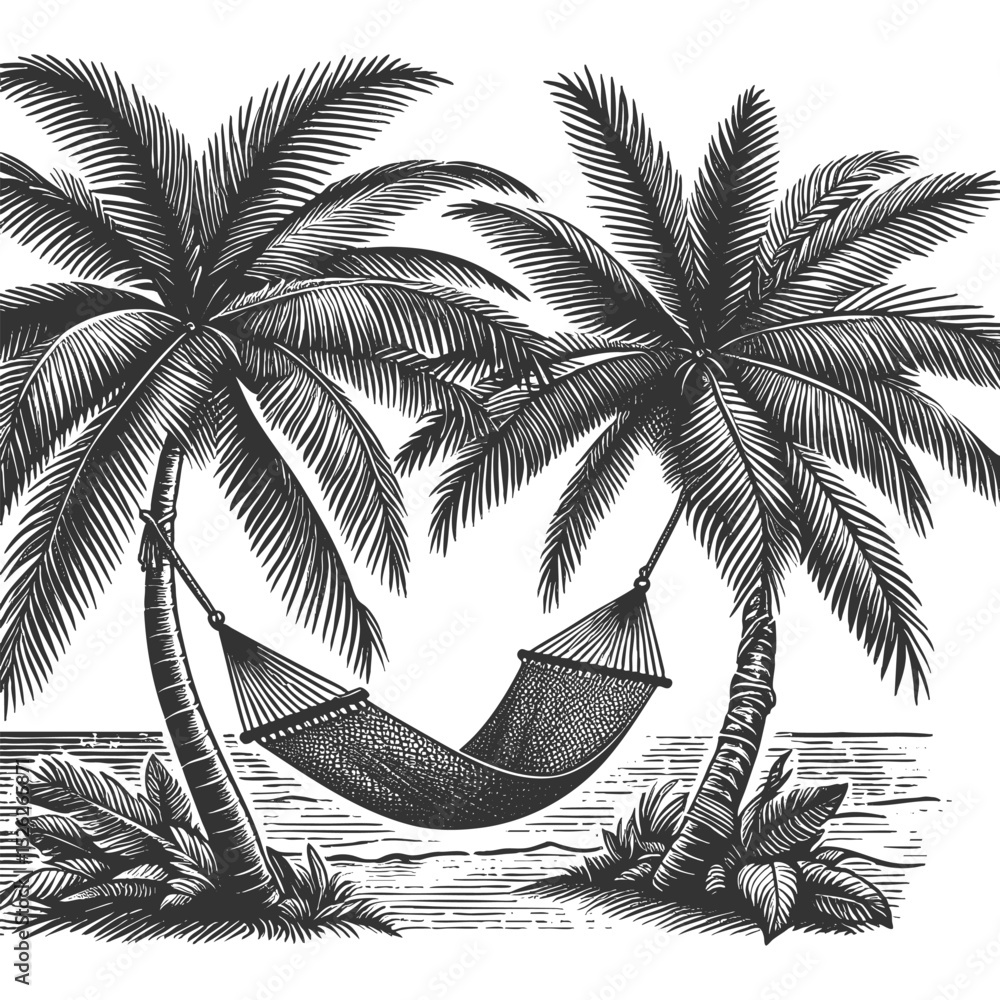 Poster hammock tied between two palm trees on a beach, evoking peaceful island relaxation sketch engraving 