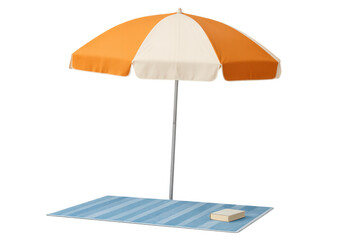 Obraz premium Beach umbrella casting orange and white shadow over blue striped towel with book, isolated on transparent background for summer design