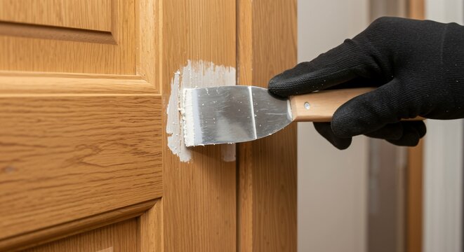 Close-up of a gloved hand meticulously repairing a wooden door. Applying white wood filler with a putty knife during home renovation or DIY project.