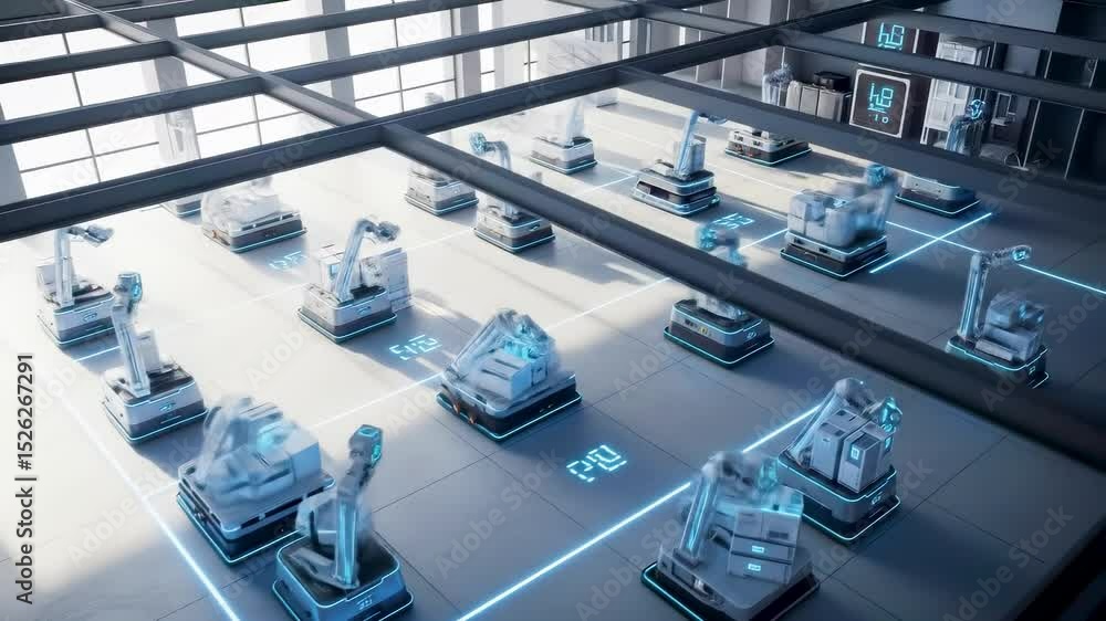 Poster futuristic warehouse with iot enabled autonomous robots organizing packages on a smart grid floor, r