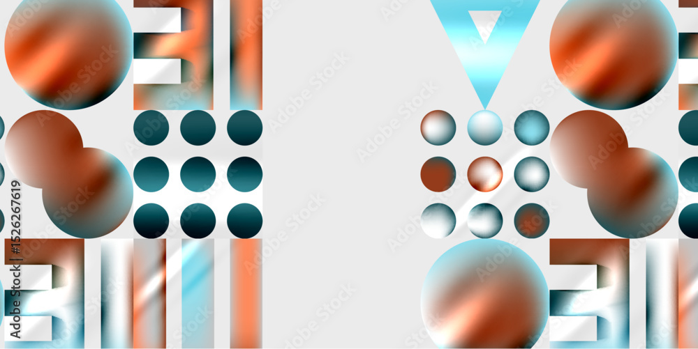 Poster abstract composition featuring spheres, rectangles, dots. metallic hues dominate, creating symmetric