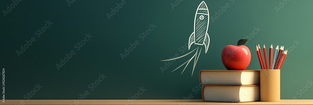 Poster books, colored pencils and a red apple sit on a desk in front of a chalkboard with a drawing of a ro