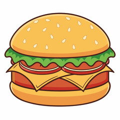 Detailed Vector Illustration of a Classic Burger with Lettuce, Tomato, and Cheese