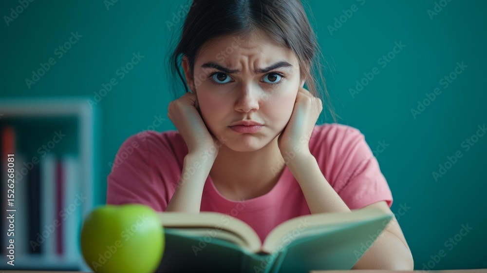 Poster Bored student is frowning while studying with a book and an apple on a desk in front of her, showing lack of interest in education and learning