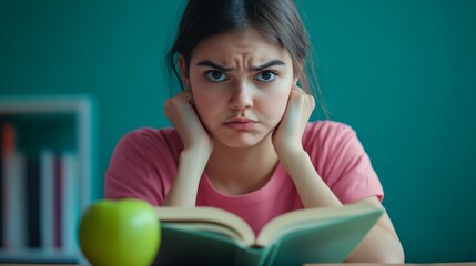 Bored student is frowning while studying with a book and an apple on a desk in front of her, showing lack of interest in education and learning