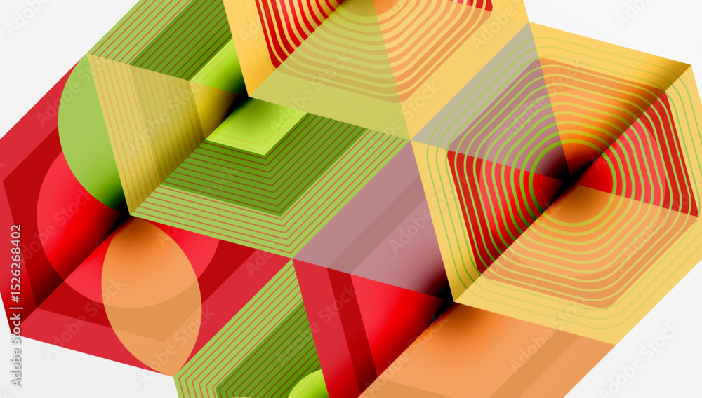 Poster Abstract geometric composition. Layers intersect, creating optical illusion. Warm colors dominate, with green accents. Complex patterns visible.