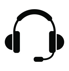 Obraz premium Black silhouette headset with microphone icon. Symbol for customer service, online support, communication, tech help, call center, and virtual assistance. Clean, simple vector graphic.