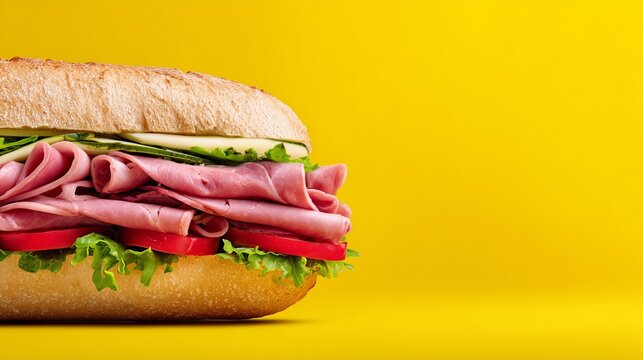 Sub sandwich with ham and cheese, Lunch food on yellow background, Advertisement mockup for fresh food