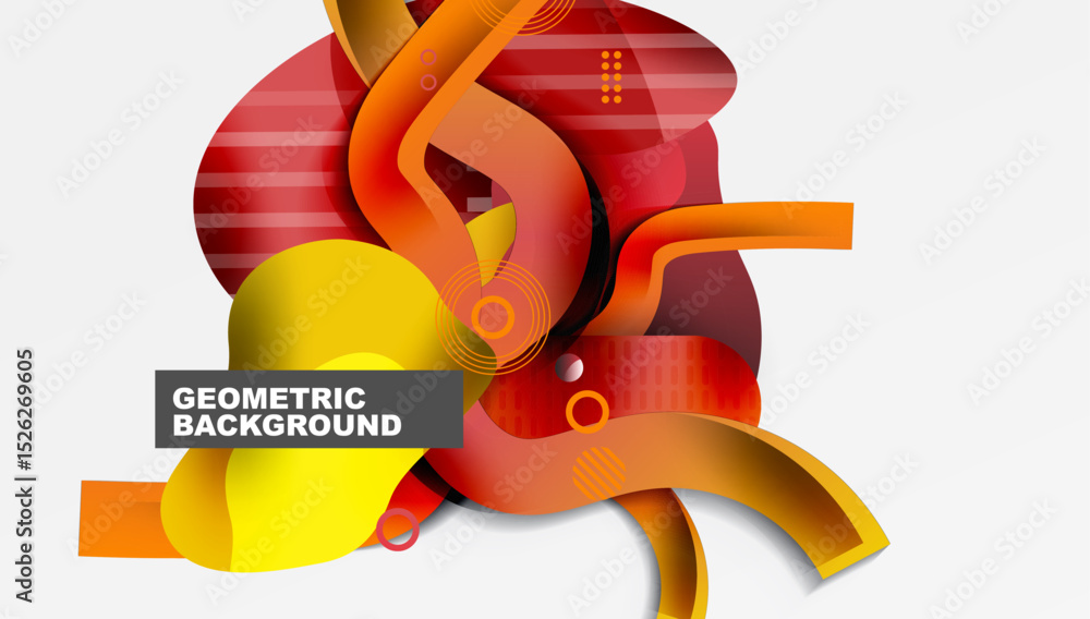 Poster Abstract design features vibrant shapes, overlapping layers, dynamic composition. Red, orange, yellow hues dominate visual space.