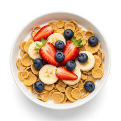 Fototapeta premium Bowl of Corn Flakes with Milk, Strawberries, Blueberries, and Bananas