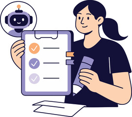 Woman with Robot and Checklist Vector Illustration.