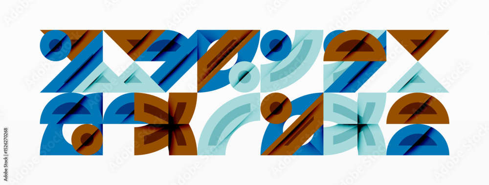 Poster abstract geometric shapes, blue, brown, beige tones. repeating patterns create visual rhythm, modern