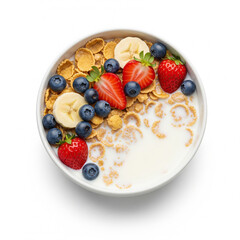 Bowl of Corn Flakes with Milk, Strawberries, Blueberries, and Bananas