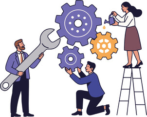 Teamwork Illustration: People Working with Gears, Vector on White Background.