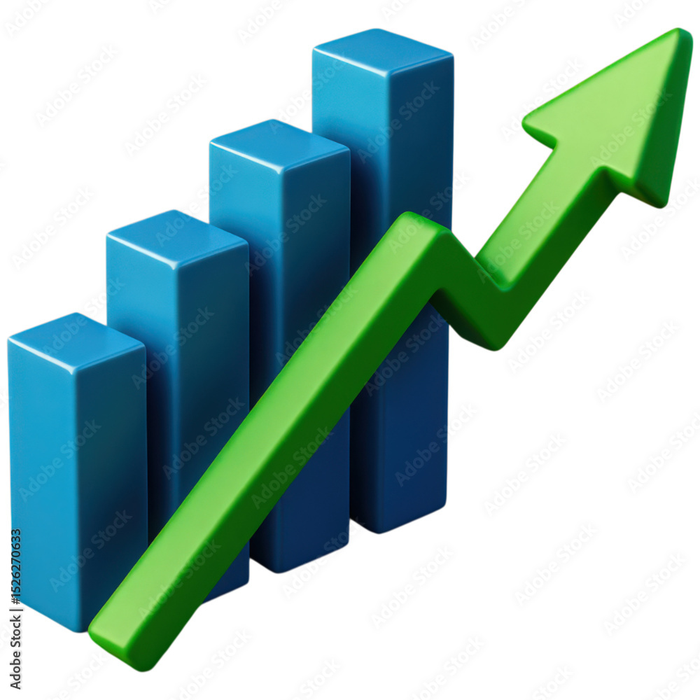 Poster financial growth chart a dynamic bar graph with an upward trending arrow on a transparent background