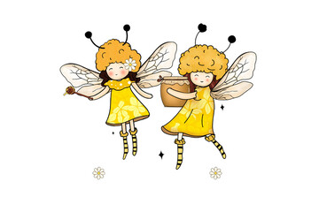 Bee Girls – Adorable Kids Dressed as Bees with Wings isolated on transparent background