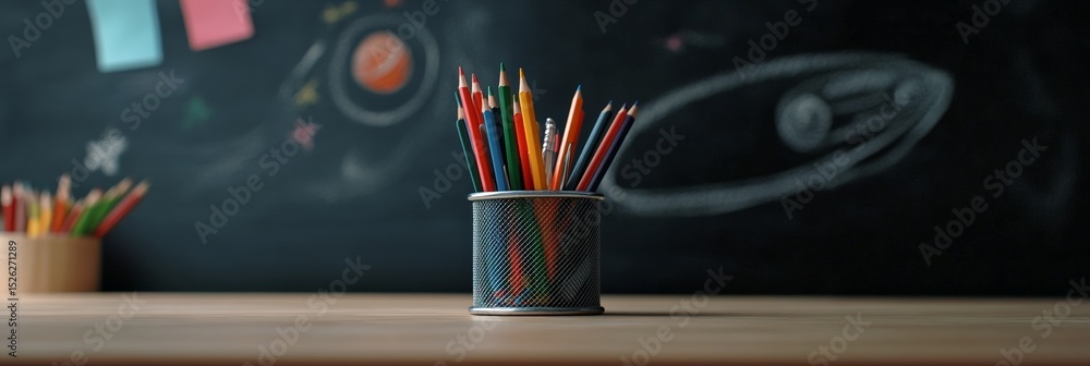 Poster colorful pencils standing in a metal pot on a wooden desk with a blackboard in the background featur