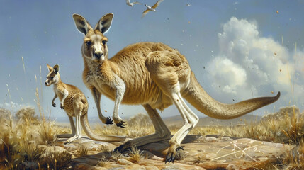 K is for Kangaroo - a kangaroo with a baby joey in its pouch jumping over a letter K.