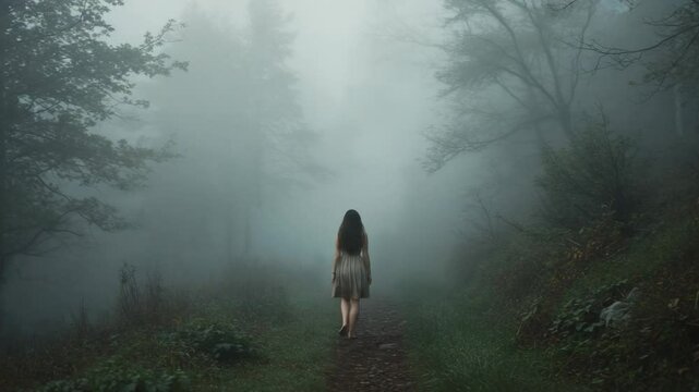 Barefoot woman in light dress walks alone on foggy path through dark woods.