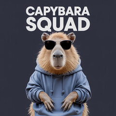 A cute capybara wearing a hoodie and sunglasses, standing confidently, dark navy blue background, transparent background, t-shirt vector style”