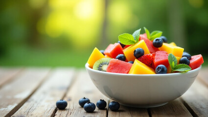 Bright and colorful summer fruit salad in a white ceramic bowl.