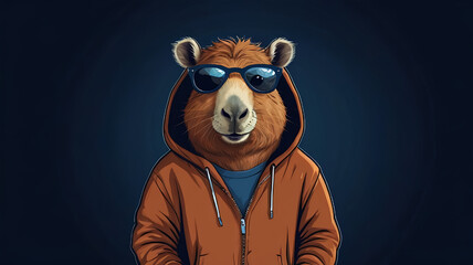 A cute capybara wearing a hoodie and sunglasses, standing confidently, dark navy blue background, transparent background, t-shirt vector style”