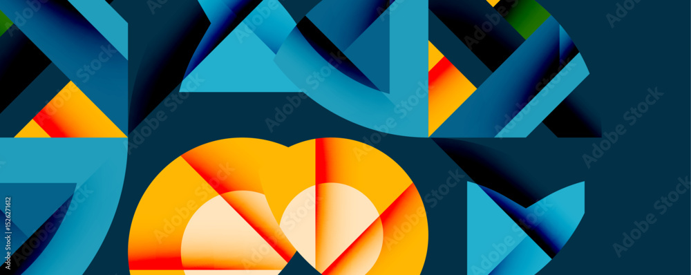 Poster abstract geometric shapes dominate composition. blue, orange hues create dynamic visual contrast. mo