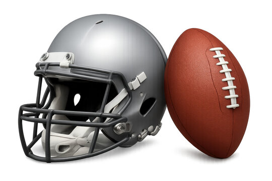 Silver football helmet resting near official football on transparent backdrop, showcasing professional sports equipment rendering