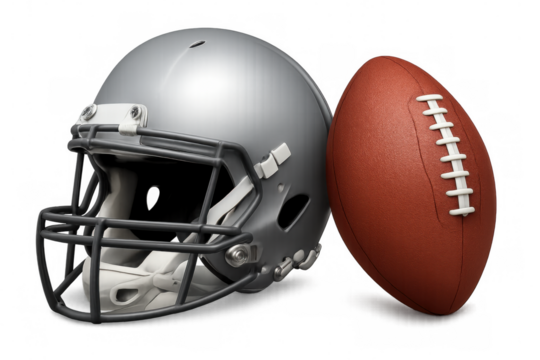 Silver football helmet resting near official football on transparent backdrop, showcasing professional sports equipment rendering