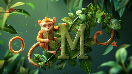 M is for Monkey - a playful monkey swinging on a vine shaped like the letter M.