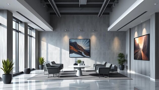 Modern gray office lobby & meeting room, minimalist poster, business, simple